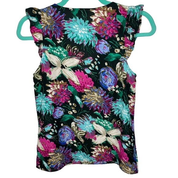Vintage J. Crew Black Floral Print V-Neck Flutter Sleeve Tank Top Blouse - Picture 5 of 9